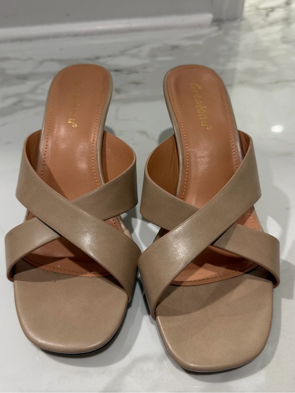 Neutral Tan Cross-Strap Slide Sandals - Women